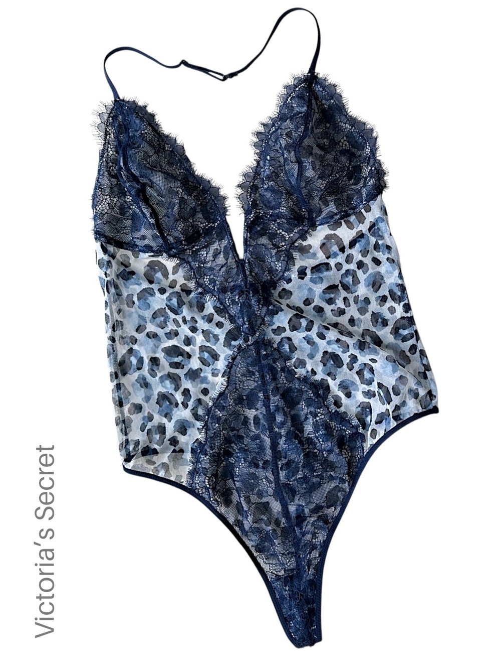 VICTORIA’S SECRET NWOT NAVY LACE ANIMAL PRINT TEDDY THONG BACK BODYSUIT | LARGE